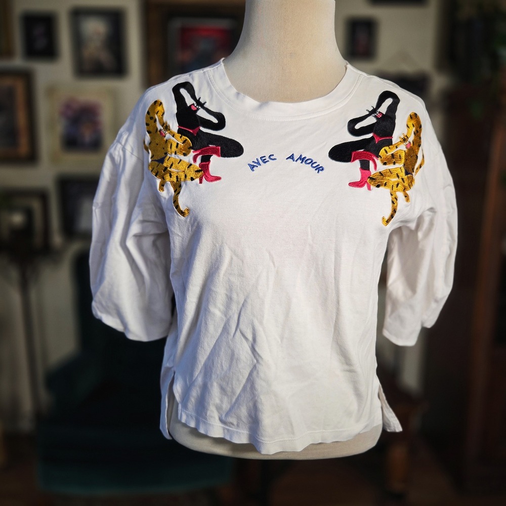 Jucy Judy White Cotton Embroidered Blouse Avec Amour Cat Leopard Puff Sleeve Top